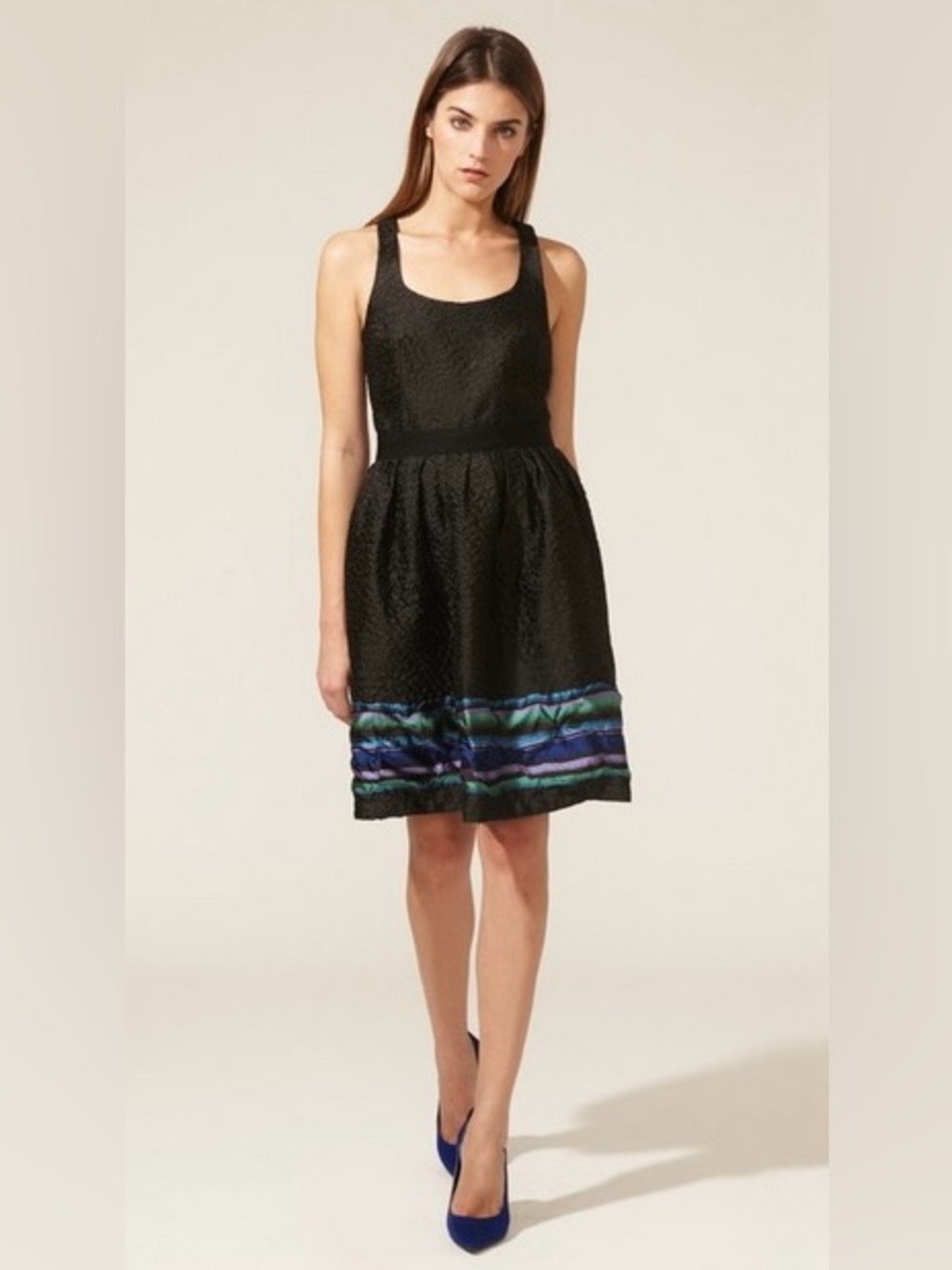 Proenza Schouler Black Sleeveless Fit-and-Flare Dress with Blue and Green Hem